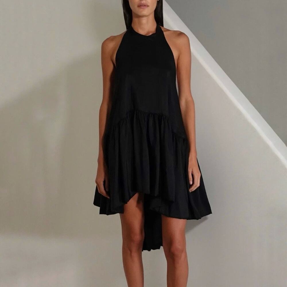 AZEEZA Winston Raw Silk Mini Dress Black High Low Halter Cocktail Party Size S - Picture 9 of 13